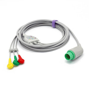 Compatible Kontron ECG Cable 3 Leadwires Snap IEC European Standard Connector