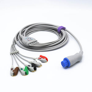 Compatible GE Datex Ohmeda ECG Cable with 5 Lead ECG Cables 4.0 Pinch/Grabber Connector Round 10 Pins AHA Connector
